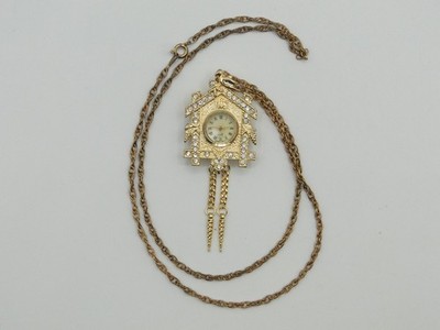 Vintage Cuckoo Clock Watch Necklace Brooch Rhinestone Gold Tone 14.5'' Long