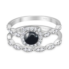 Two Piece Round Natural Black Onyx Bridal Set Ring 925 Sterling Silver