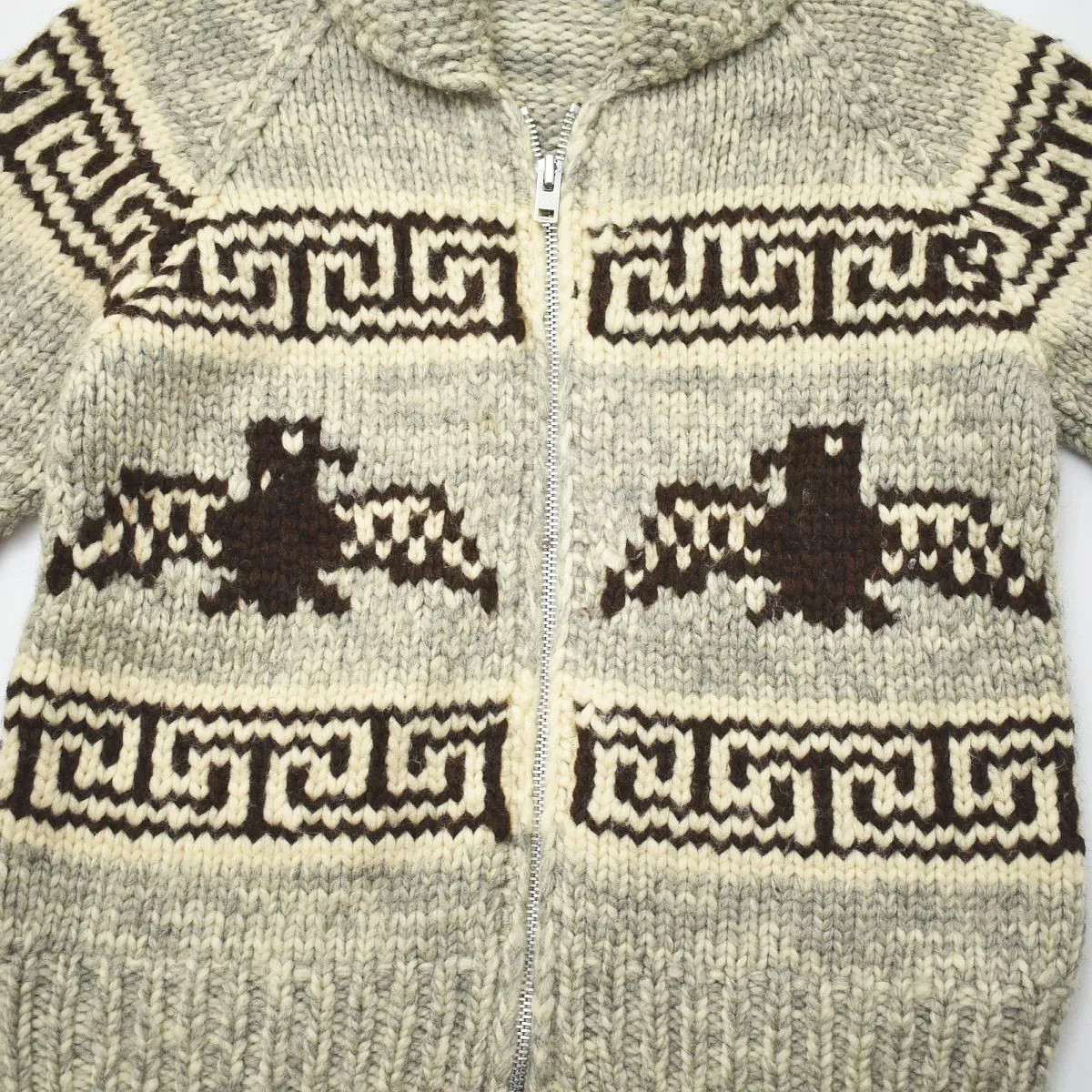 Vintage Zip-Up , Cowichan Knit Sweater with Eagle Pattern in Gray and Brown image 5