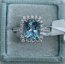 3.10 Ct Cushion Cut Aquamarine Wedding Ring 14k White Gold Finish