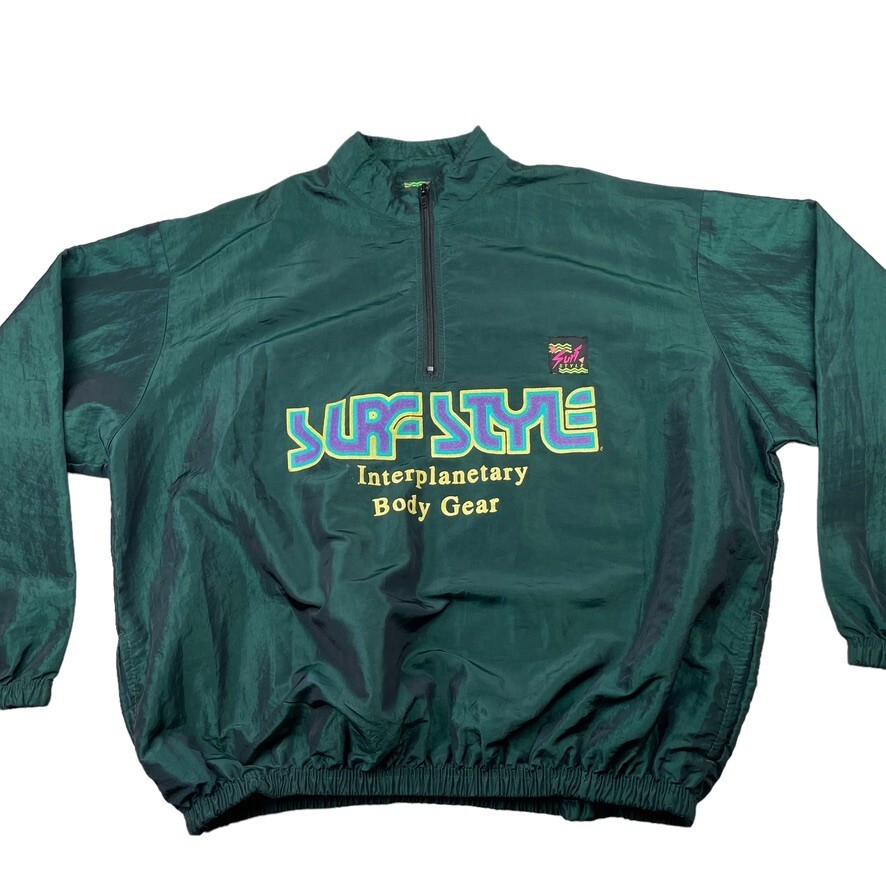 VTG Surf Style Men's 1/4 Zip Pullover Windbreaker Jacket Green