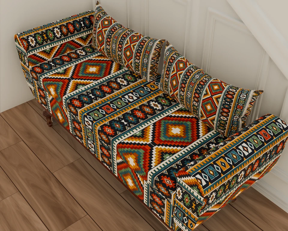 Entrway Organizer Ethnic Ottoman Bench with Arms, Footboard Ben, Curved Sofa - Image 4 of 4