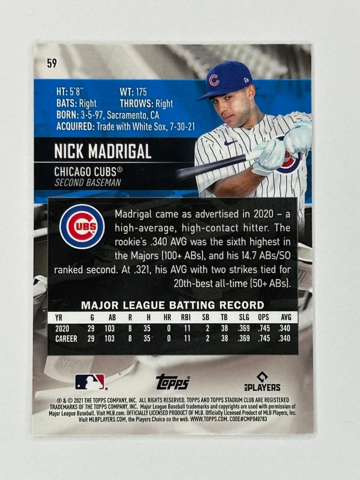 2021 Stadium Club Chrome #59 Nick Madrigal RC Chicago Cubs Rookie - Image 2 of 2