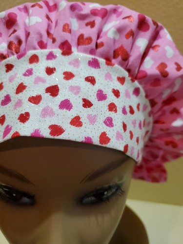 Metallic Hearts (Tossed) Women's Bouffant Surgical Scrub Hat/Cap Handmade - Picture 4 of 6