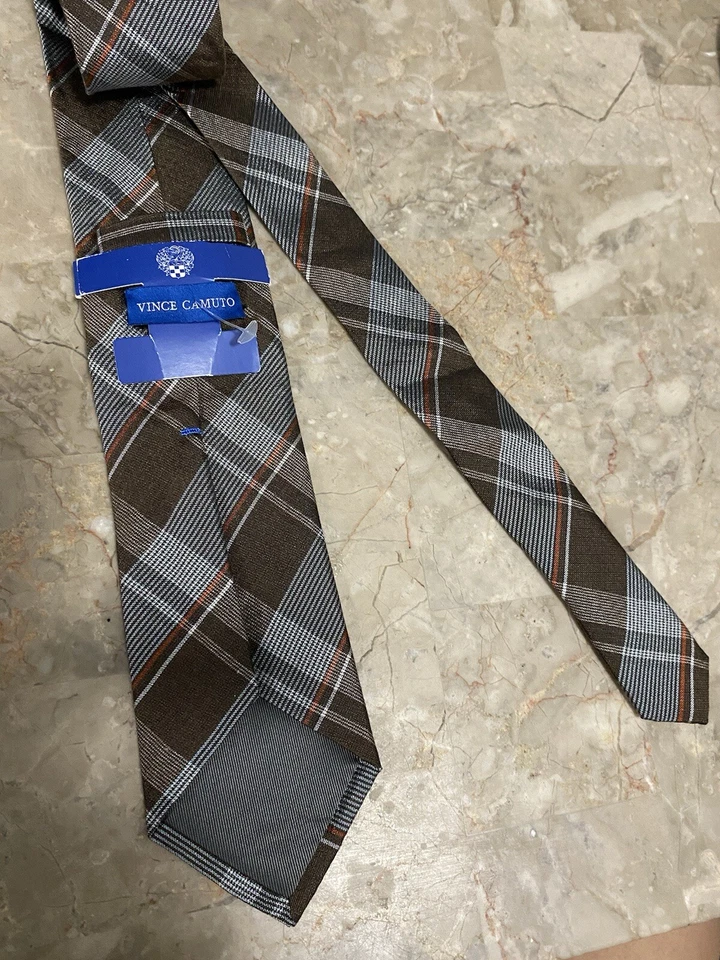 Corbata a cuadros Vince Camuto para hombre marrón azul claro nueva con etiquetas Foto 2 de 3