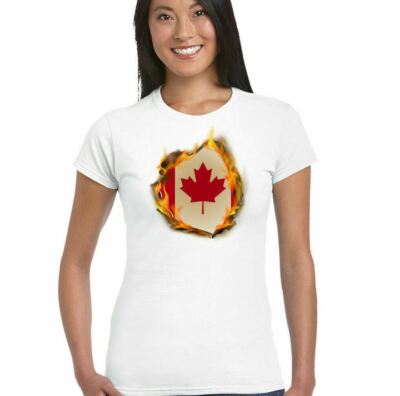 Canadian National Flag Flames Womens Canada T-Shirt The Maple Leaf Ice Hockey 