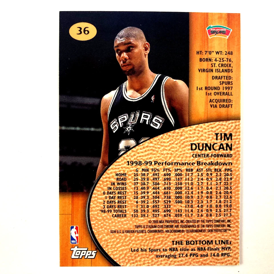 Tim Duncan 1999-00 Topps Stadium Club Chrome Card #36 NBA HOF San Antonio Spurs - Image 2 of 2