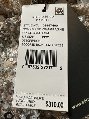 Adrianna Papell SCOOP BACK SEQUIN GOWN IN Champagne NWT Size 22 Dress - Picture 5 of 13