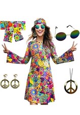 70s Hippie Dress Costumes Necklace Earrings Sunglass Women Disco Outfit