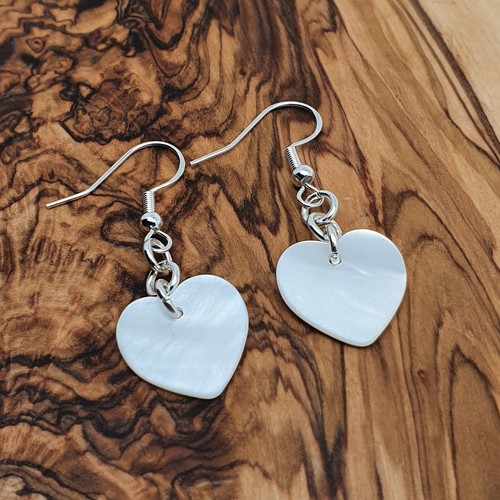 Heart Earrings White Mother Of Pearl Natural Shell Dangle Drop Sterling Silver - Picture 11 of 19