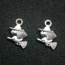50 PCS Halloween Witch Charms - 15mm Tibetan Silver Alloy Broomstick Pendants