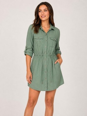 GUESS Green Twill Shirt Dress Button Drawstring Pockets Collared XS