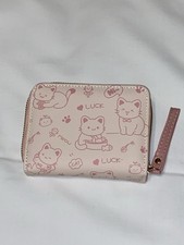 Pink Cat Print Zip-Around Women's Wallet with Wrist Strap, Card Slots