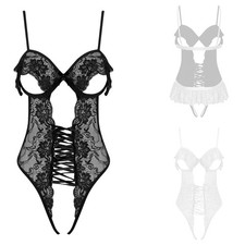 Women Lace Bodysuit Sheer Mesh Nightwear Floral Lace Lingerie Tempting Leotard