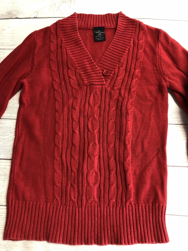 Suéter Gloria Desteñido Juvenil Grande 12-14 Rojo Cable Tejido Chal Cuello Algodón Foto 2 de 4