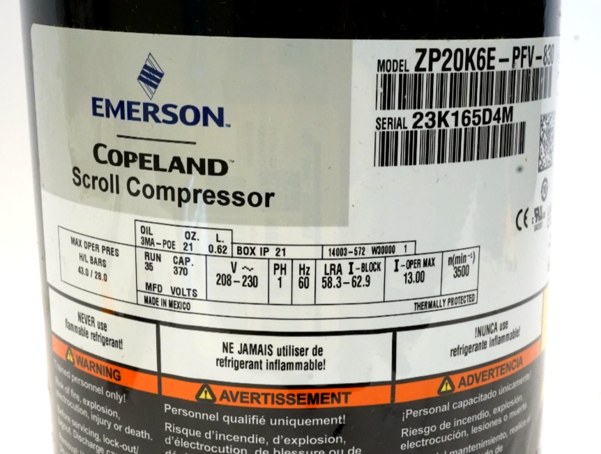 OEM Carrier Emerson Copeland HVAC compressor ZP20K6E-PFV-830 208