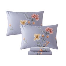 California King Sheet Set Cotton 4 Pieces Floral Pattern Vintage Purple Sheet...