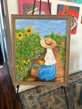 Woman In Hat Painting Hand Painted Art 16 X 20” Framed, NOT A PRINT