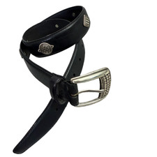 Fossil Leather Belt Womens Small Black Silver Buckle Medallion Tapered 1in