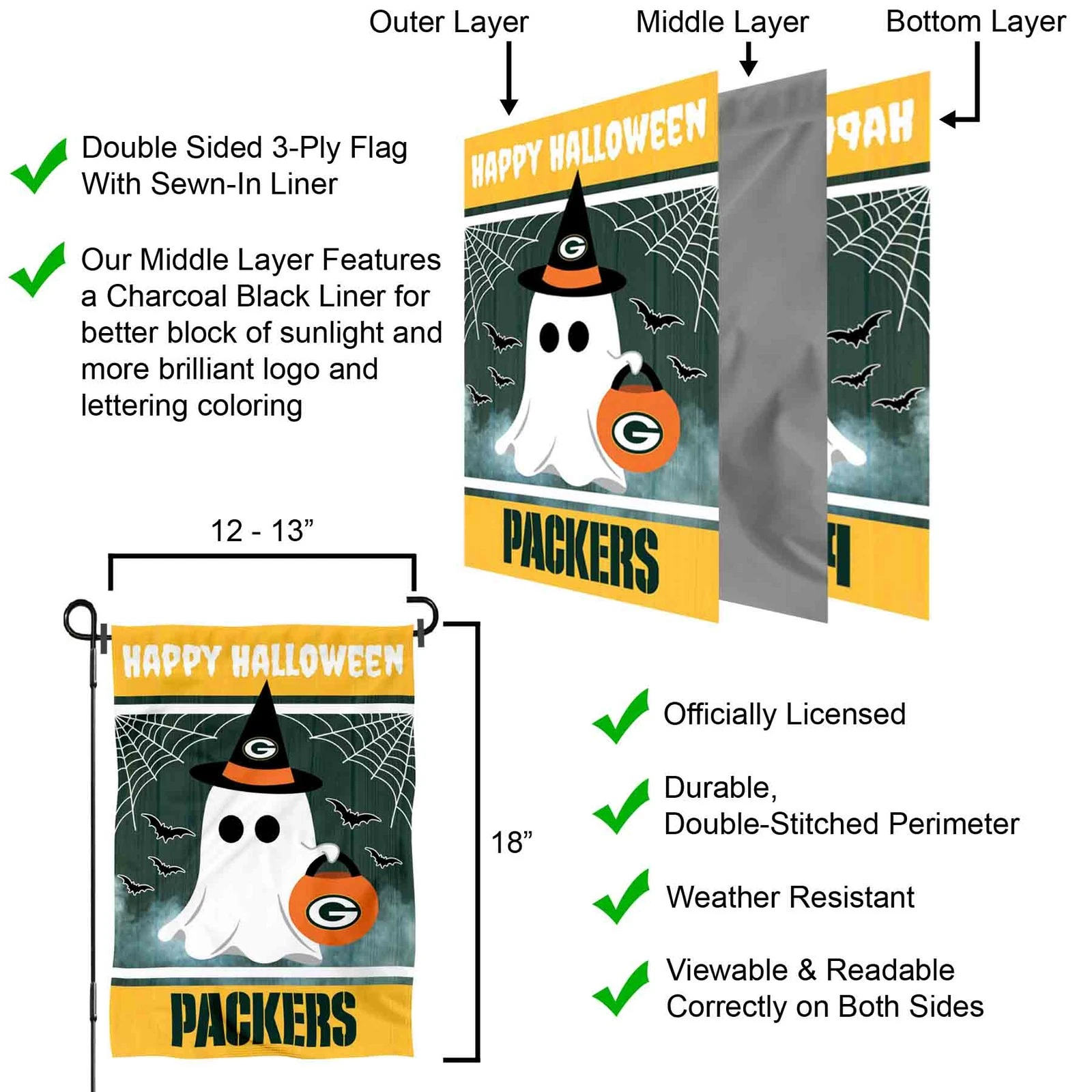 Green Bay Packers Happy Halloween Garden Yard Banner Flag