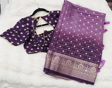 Royal Aubergine Purple Chinon Crepe Silk Saree Stitched Blouse 38-44