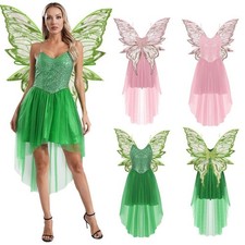 Damen Feenkostüm Elf-Prinzessin Kleid mit V-Ausschnitt und Elfenflügeln Karneval