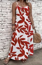 Red Leaf Print Stretchy Maxi Dress NEW Plus Size 20 22 24 Cruise Holiday