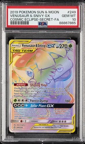 2019 POKEMON SUN & MOON COSMIC ECLIPSE #249 FULL ART/VENUSAUR & SNIVY GX PSA 10