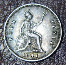 1841 Queen Victoria -Young Head - Silver Groat -  Nice Grade.