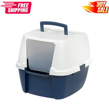 IRIS Large Covered Cat Litter Box Enclosed Front Door Flap Handle Navy White