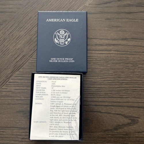 1995 P 1oz US American Silver Eagle $1 Dollar Proof  Coin w/Box & COA