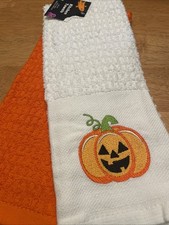 NWT 2 Different Embroidered Autumn / Halloween Towels Pumpkin Cotton 14 x 24