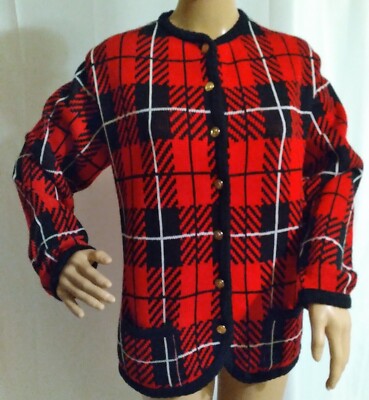 Vintage Tally Ho Plaid Cardigan Sweater Acrylic Made in Mexico (50s-60s) Size L