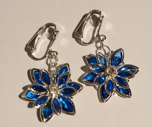 OHRCLIPS CLIPS Blüte Blume silberf blau Strass 4cm lang Modeschmuck Ohrklipser - Bild 5 von 5