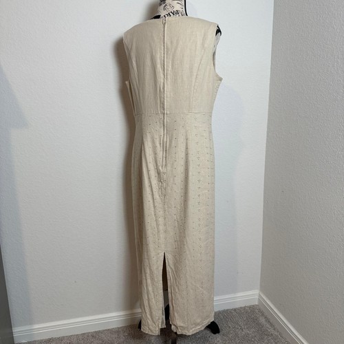 Sagharbor Womens Sheath Dress Beige 12 Petite Linen Blend Eyelet Modest Elegant - Picture 2 of 10
