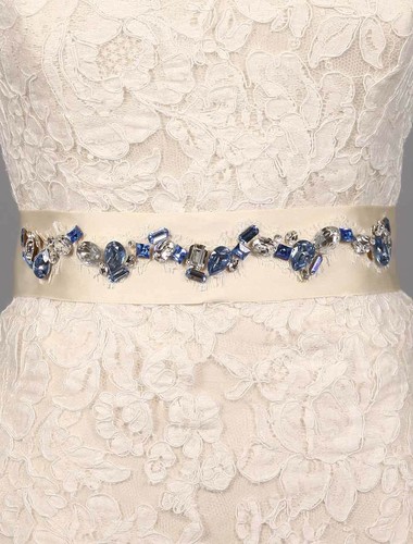Ossai SS11-SH-24 Embellished Crystals Ivory Ribbon Blue Bridal Sash Belt