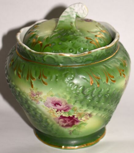 Antike OCCo Limoges Porzellan Keksdose mit Deckel grüne Blumen RAR Kostenloser Versand - Bild 5 von 5
