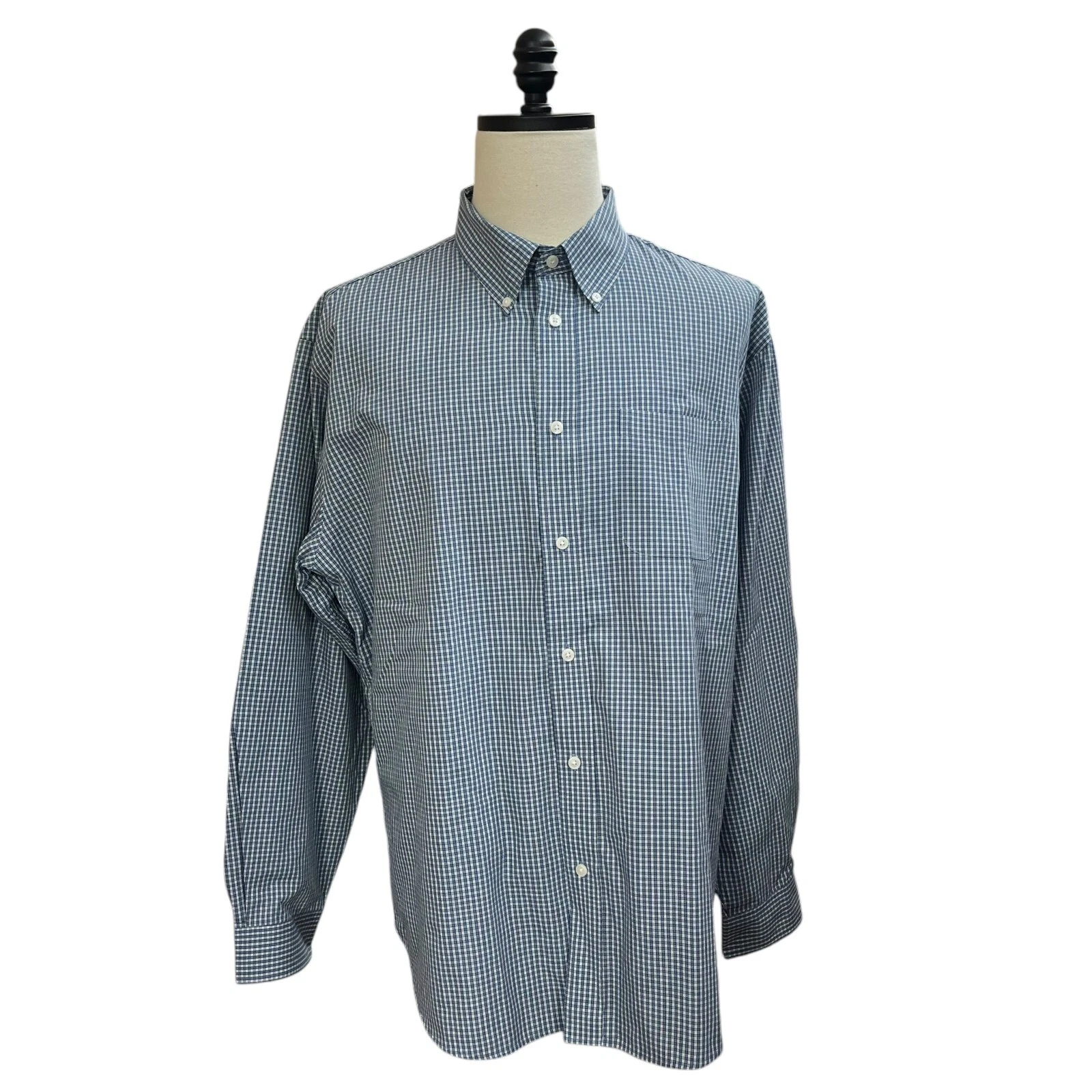 Preswick & Moore Shirt Men's 2XL Blue Checkered Wrinkle Resistant Button Up