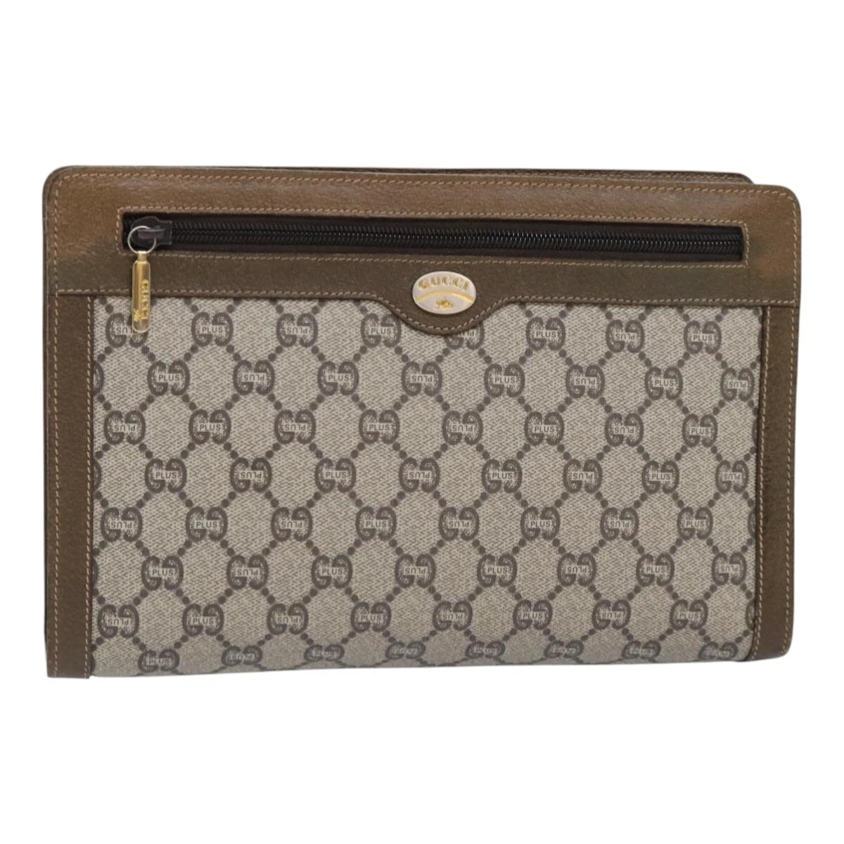 Sac pochette GUCCI GG Plus Supreme PVC cuir beige or authentique ki4937