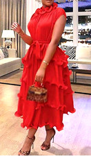 WOMEN PLUS SIZE RUFFLE SLEEVELESS PLISSE MIDI DRESS ( SIZE S )