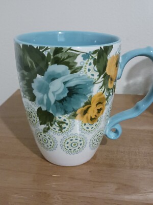 Pioneer Woman Rose Shadow LARGE 24 Oz Teal Mug Floral Coffee Cup
