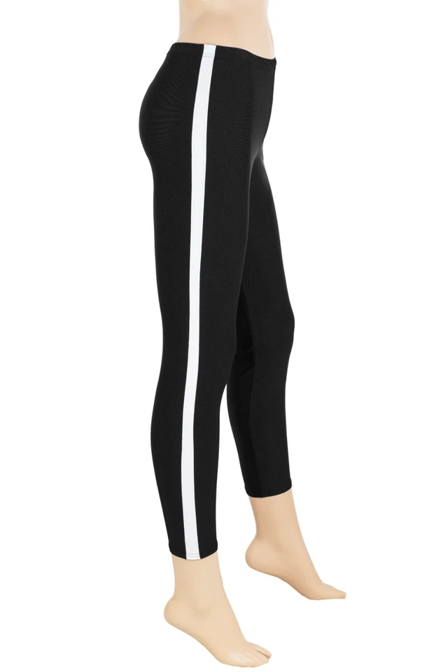 Damen Leggings schwarz, Galon-Streifen weiß Sporthose stretch shiny Yoga Pants - Bild 3 von 4