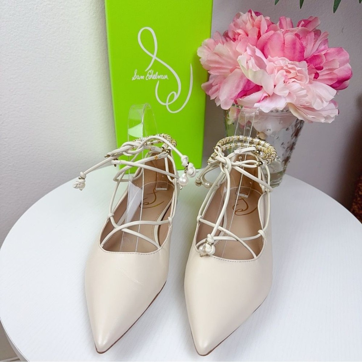 Sam Edelman Winslet Ivory Nappa Leather Lace up Pearl Beaded 