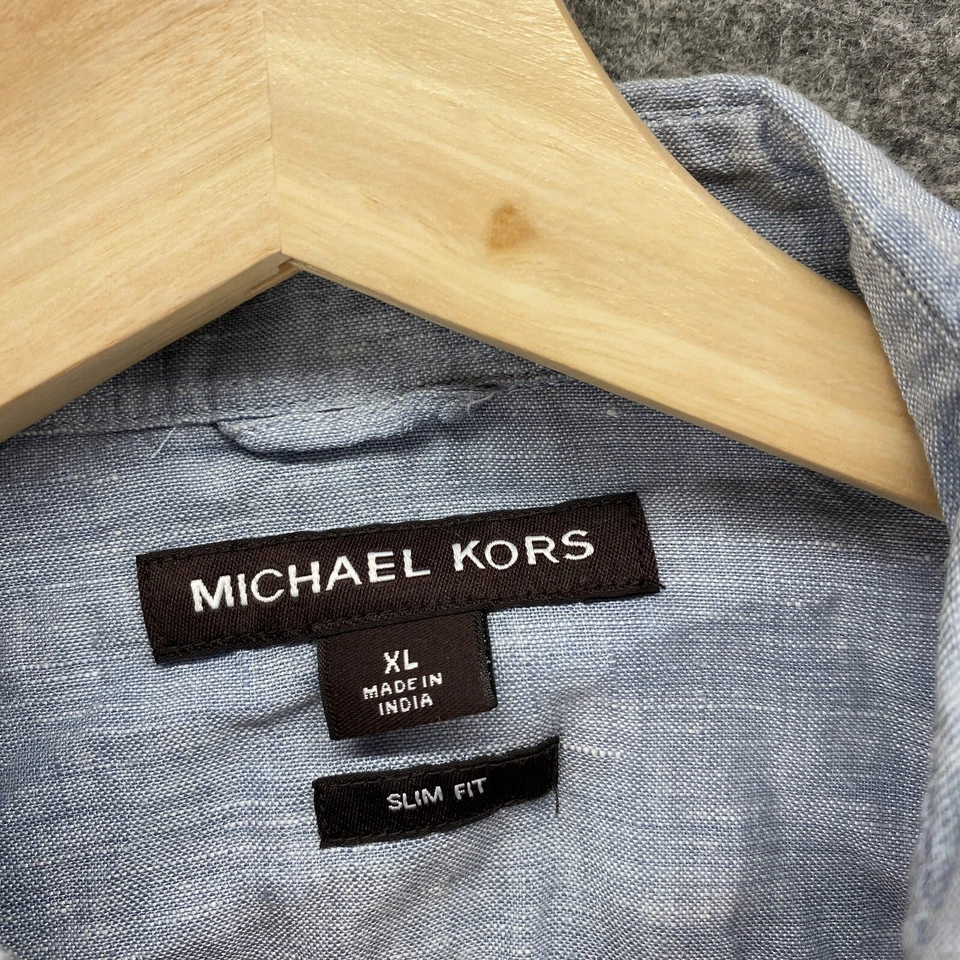 Michael Kors Shirt Men XL Blue Button Up Collared Slim Fit Short Sleeve Solid - Image 3 of 4