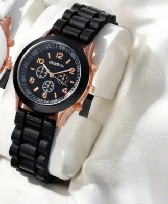 GENEVA LUXUS QUARTZ UHR SILIKON  FLACH ELEGANTE DAMENUHR SCHWAR STAINLESS STEEL 