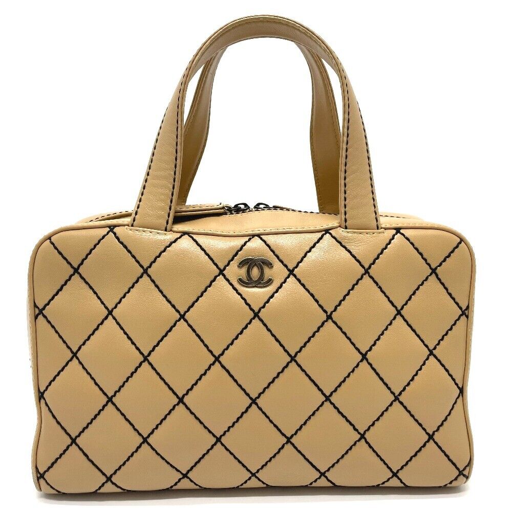 CHANEL CC Wild stitch Vintage Tote Bag Hand Bag Lambskin Leather Beige