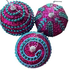 Lot of 3 Styrofoam Ball-Shaped Ornaments Teal Blue and Pink Sequins  Beads 4"
