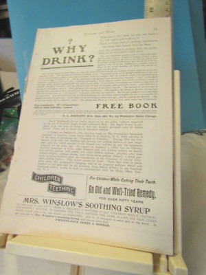1903 Why Drink? alcohol book by Bartlett ad 10x7'' page, Children teething syrup