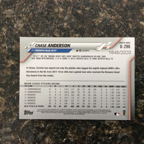 2020 Topps Update Gold U-286 Chase Anderson Toronto Blue Jays 1645/2020 - Picture 2 of 2