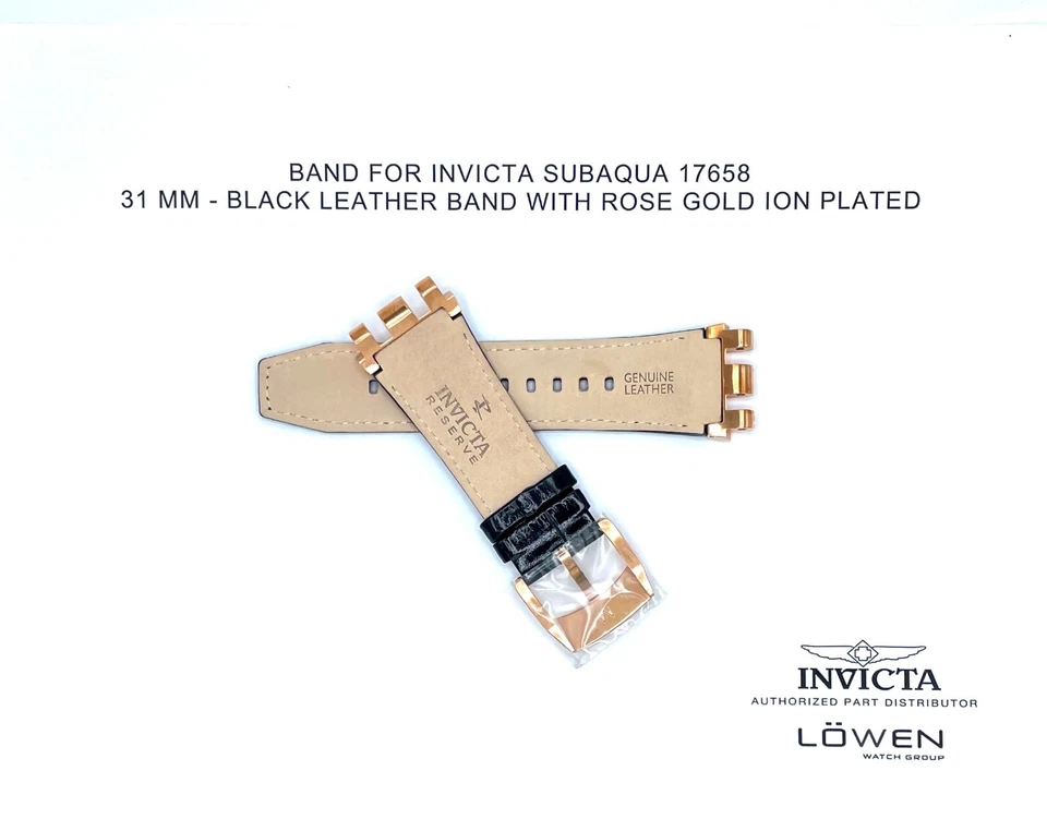 Correa de reloj Invicta Subaqua 17658 negra 31 mm cuero/inserciones chapadas en oro rosa Foto 2 de 3